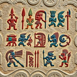 An intricate collection of Aztec hieroglyphic representations of war, featuring vivid and detailed symbols depicting warriors, weaponry, and battle scenes