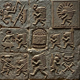 An intricate collection of Aztec hieroglyphic representations of war, featuring vivid and detailed symbols depicting warriors, weaponry, and battle scenes