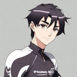 Anime style male character with short black hair and brown eyes, donned in a black cycling jersey.