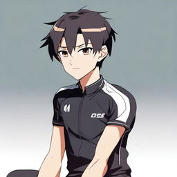 Anime style male character with short black hair and brown eyes, donned in a black cycling jersey.