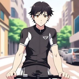 Anime style male character with short black hair and brown eyes, donned in a black cycling jersey.