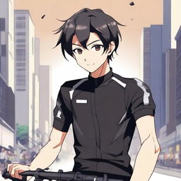 Anime style male character with short black hair and brown eyes, outfitted in a black cycling jersey.