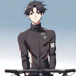 Anime style male character with short black hair and brown eyes, outfitted in a black cycling jersey.