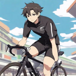 Anime style male character with short black hair and brown eyes, outfitted in a black cycling jersey.