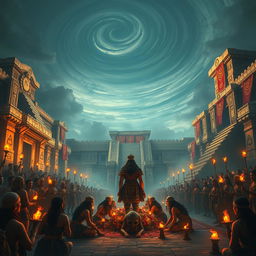 A grand ceremonial ritual taking place at the Templo Mayor in Tenochtitlán, showcasing captured warriors being offered as sacrifices
