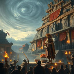 A grand ceremonial ritual taking place at the Templo Mayor in Tenochtitlán, showcasing captured warriors being offered as sacrifices