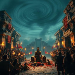 A grand ceremonial ritual taking place at the Templo Mayor in Tenochtitlán, showcasing captured warriors being offered as sacrifices