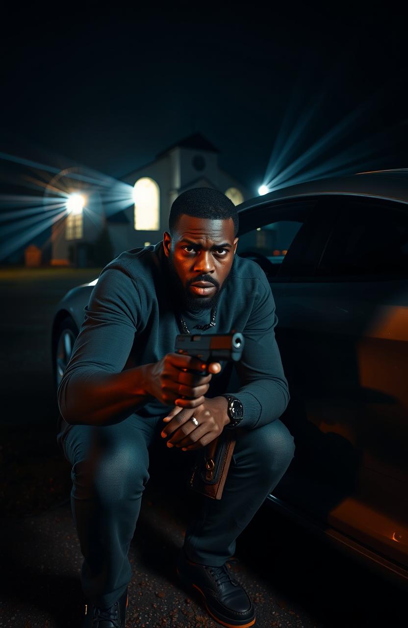 A 34-year-old Black man with a fearful expression, crouching next to a sleek silver car