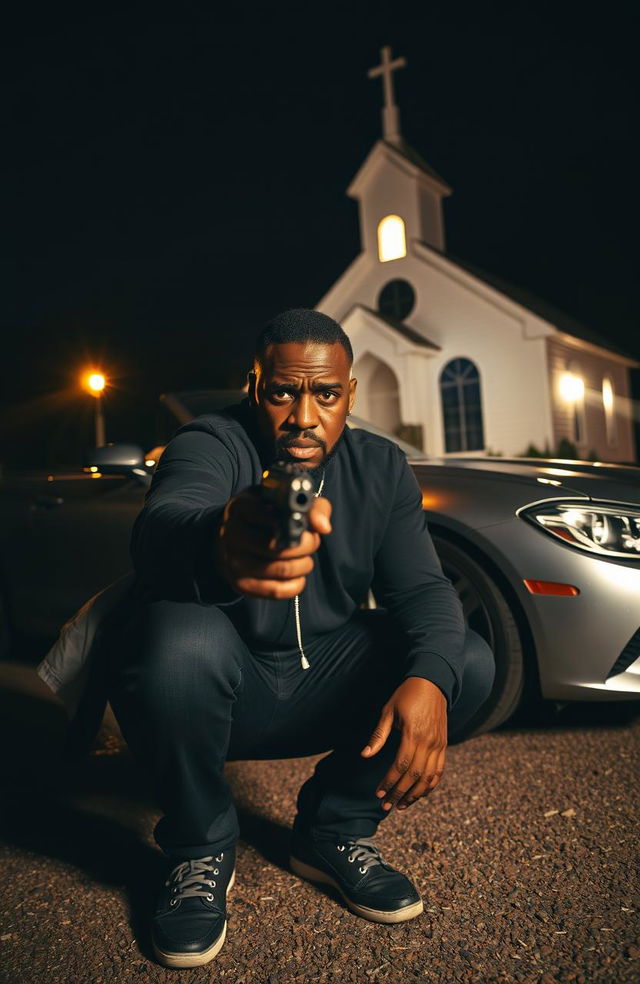 A 34-year-old Black man with a fearful expression, crouching next to a sleek silver car