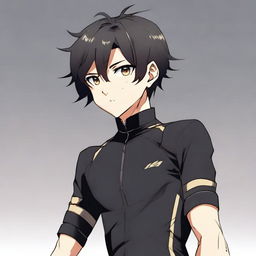 Anime style male character with short black hair and brown eyes, outfitted in a black cycling jersey.