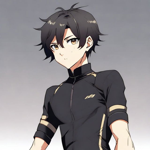 Anime style male character with short black hair and brown eyes, outfitted in a black cycling jersey.