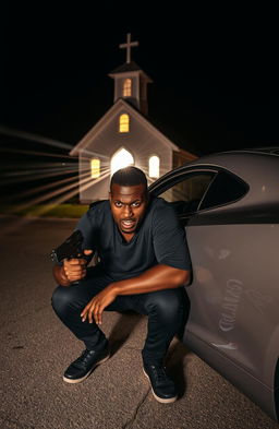 A 34-year-old Black man with a fearful expression, crouching next to a sleek silver car
