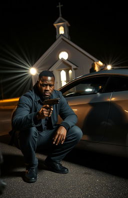 A 34-year-old Black man with a fearful expression, crouching next to a sleek silver car