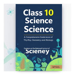 A visually appealing cover design for a Class 10 Science textbook, titled 'Class 10 Science' in large, bold, modern font at the top center