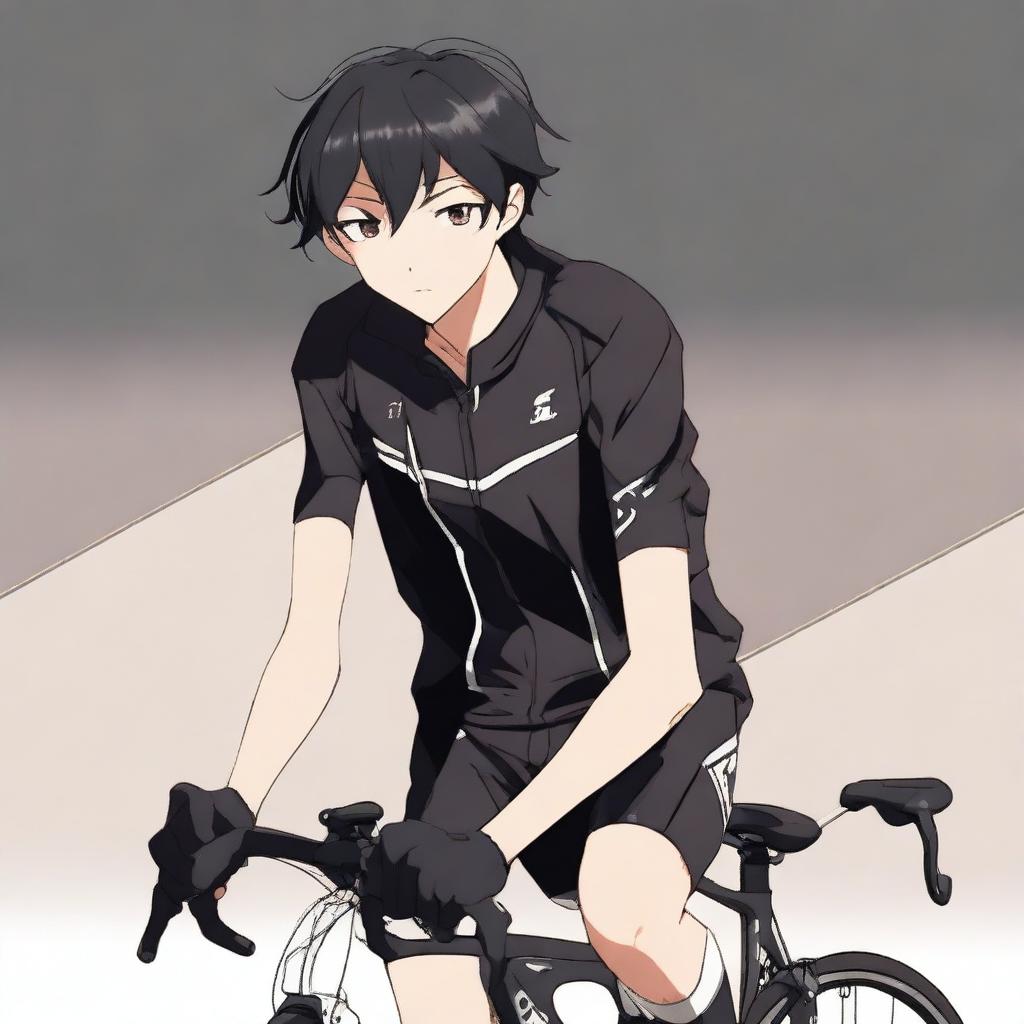 Anime style male character with short black hair and brown eyes, dressed in a black cycling jersey.