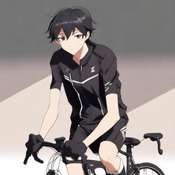 Anime style male character with short black hair and brown eyes, dressed in a black cycling jersey.