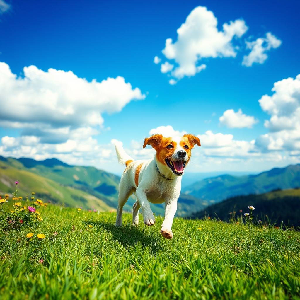 A playful dog running joyfully across a vibrant green mountain landscape, lush grass underfoot, bright blue sky with fluffy white clouds above, wildflowers dotting the scene in various colors, the dog has a shiny coat and an excited expression, capturing the essence of a sunny day in nature