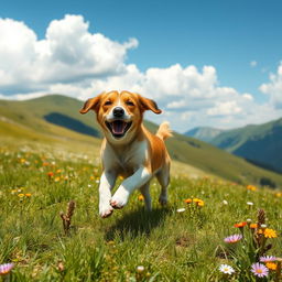A playful dog running joyfully across a vibrant green mountain landscape, lush grass underfoot, bright blue sky with fluffy white clouds above, wildflowers dotting the scene in various colors, the dog has a shiny coat and an excited expression, capturing the essence of a sunny day in nature