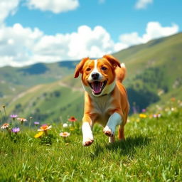 A playful dog running joyfully across a vibrant green mountain landscape, lush grass underfoot, bright blue sky with fluffy white clouds above, wildflowers dotting the scene in various colors, the dog has a shiny coat and an excited expression, capturing the essence of a sunny day in nature