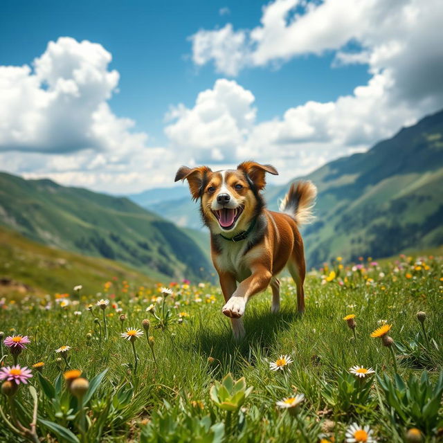 A playful dog running joyfully across a vibrant green mountain landscape, lush grass underfoot, bright blue sky with fluffy white clouds above, wildflowers dotting the scene in various colors, the dog has a shiny coat and an excited expression, capturing the essence of a sunny day in nature