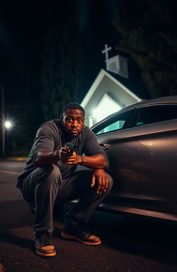 A scared 34-year-old black man crouching next to a shiny silver car with a pistol in his hand
