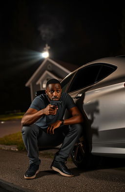 A scared 34-year-old black man crouching next to a shiny silver car with a pistol in his hand