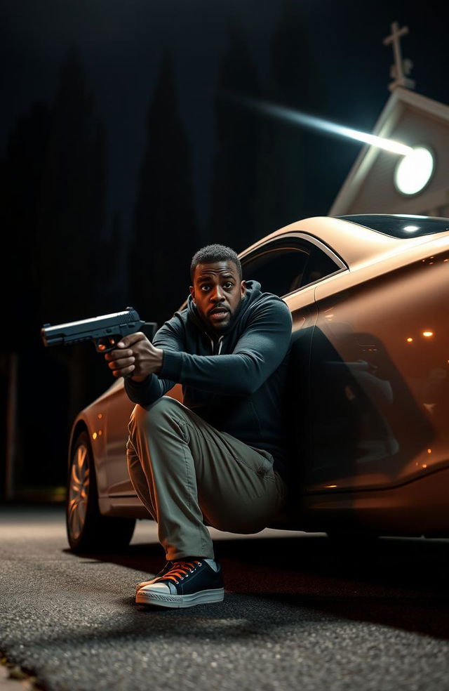 A scared 34-year-old black man crouching next to a shiny silver car with a pistol in his hand