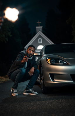 A scared 34-year-old black man crouching next to a shiny silver car with a pistol in his hand