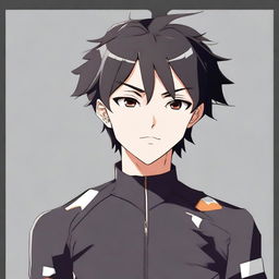 Anime style male character with short black hair and brown eyes, dressed in a black cycling jersey.