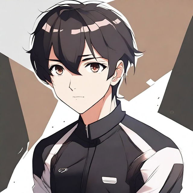 Anime style male character with short black hair and brown eyes, dressed in a black cycling jersey.