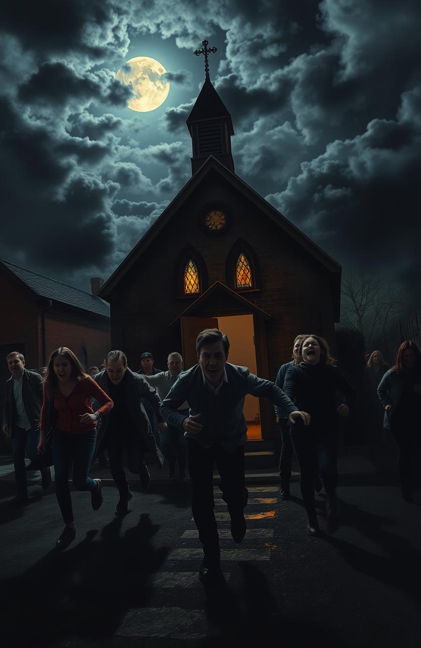 A dramatic scene depicting scared people fleeing from a small, dimly lit church at night