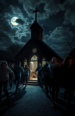 A dramatic scene depicting scared people fleeing from a small, dimly lit church at night