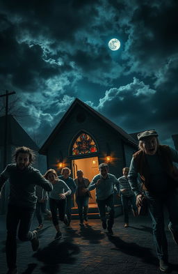 A dramatic scene depicting scared people fleeing from a small, dimly lit church at night