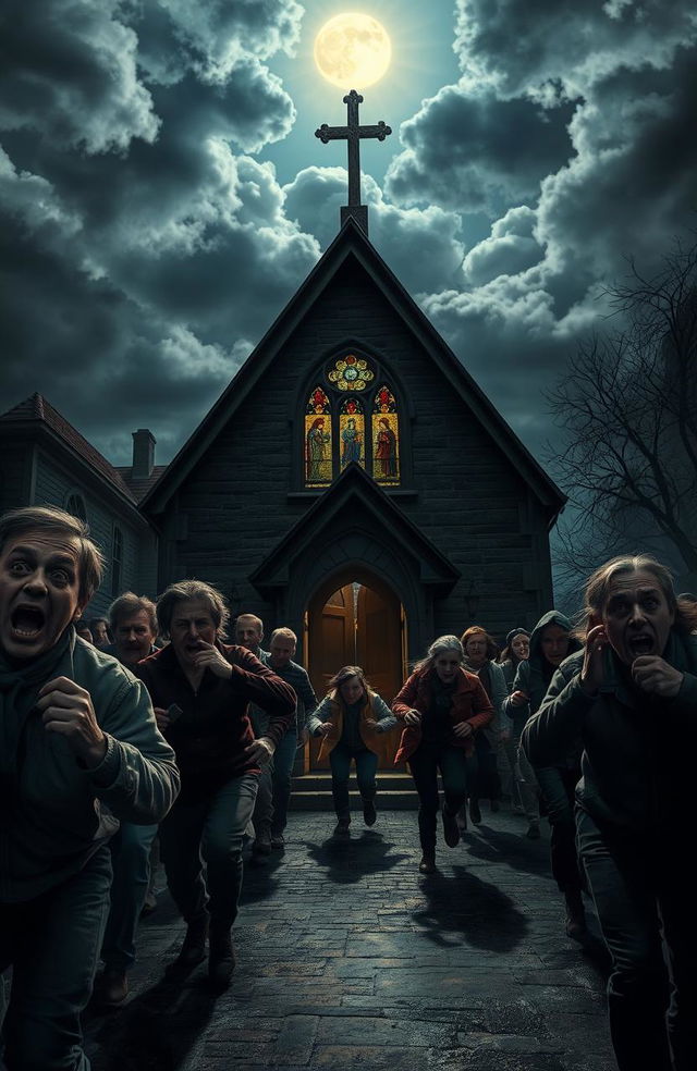 A dramatic scene depicting scared people fleeing from a small, dimly lit church at night