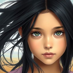 A portrait of a girl with flowing black hair that frames her face, showcasing her striking gray eyes