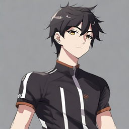 Anime style male character with short black hair and brown eyes, dressed in a black cycling jersey.