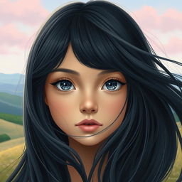 A portrait of a girl with flowing black hair that frames her face, showcasing her striking gray eyes