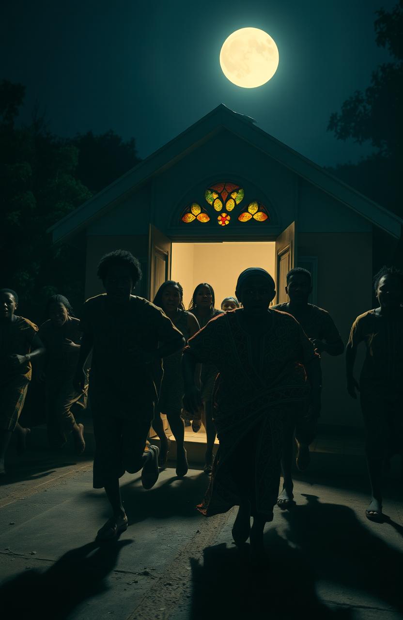 A dramatic scene capturing a group of scared Black individuals dressed in traditional African attire, rushing out of a small, dimly lit church at night