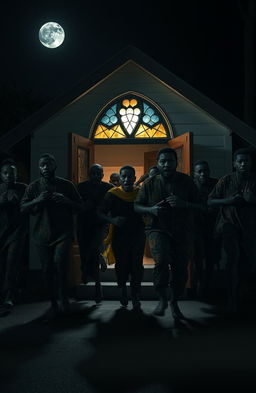A dramatic scene capturing a group of scared Black individuals dressed in traditional African attire, rushing out of a small, dimly lit church at night