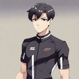 Anime style male character with short black hair and brown eyes, sporting a black cycling jersey.