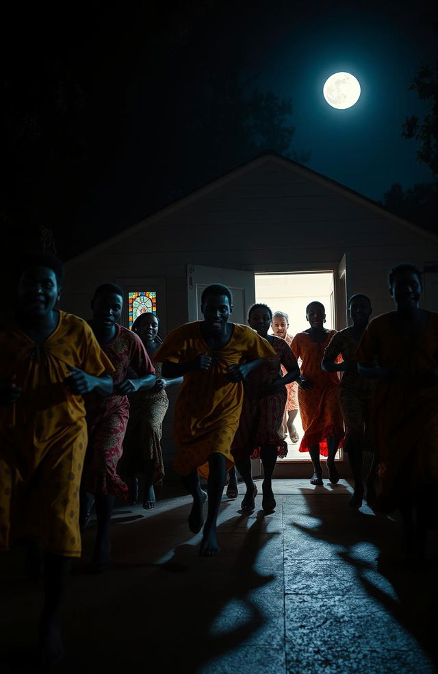 A dramatic scene capturing a group of scared Black individuals dressed in traditional African attire, rushing out of a small, dimly lit church at night