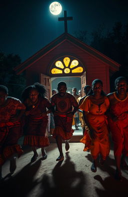 A dramatic scene capturing a group of scared Black individuals dressed in traditional African attire, rushing out of a small, dimly lit church at night