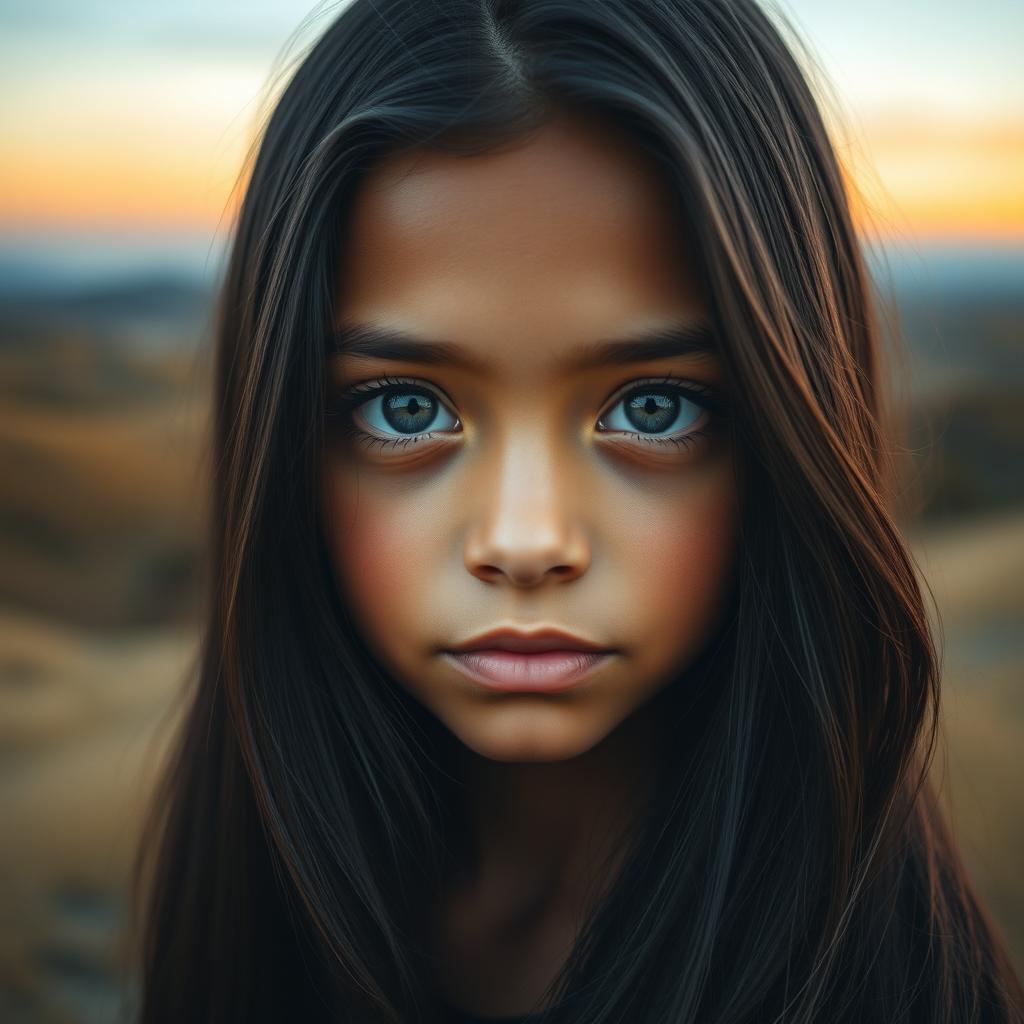 A captivating portrait of a girl with long, flowing black hair that elegantly frames her face, highlighting her striking gray eyes that gleam with curiosity