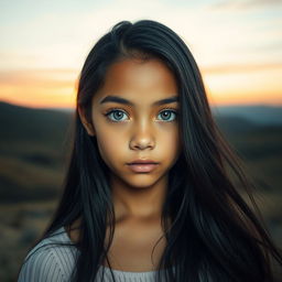 A captivating portrait of a girl with long, flowing black hair that elegantly frames her face, highlighting her striking gray eyes that gleam with curiosity
