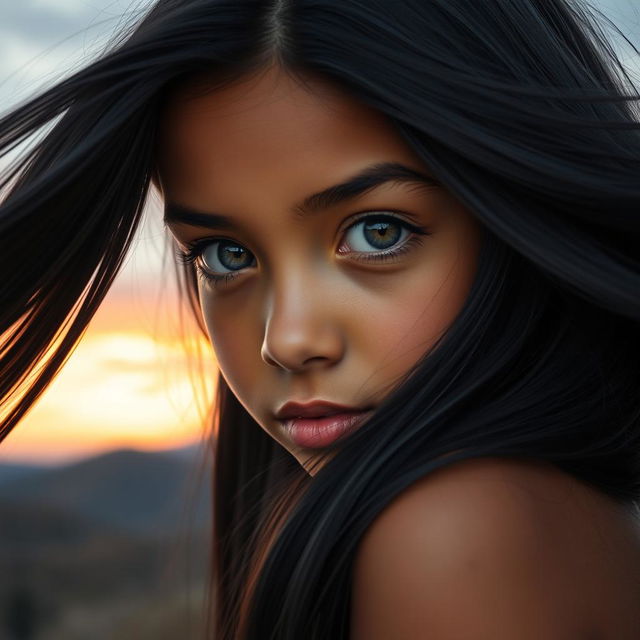 A captivating portrait of a girl with long, flowing black hair that elegantly frames her face, highlighting her striking gray eyes that gleam with curiosity