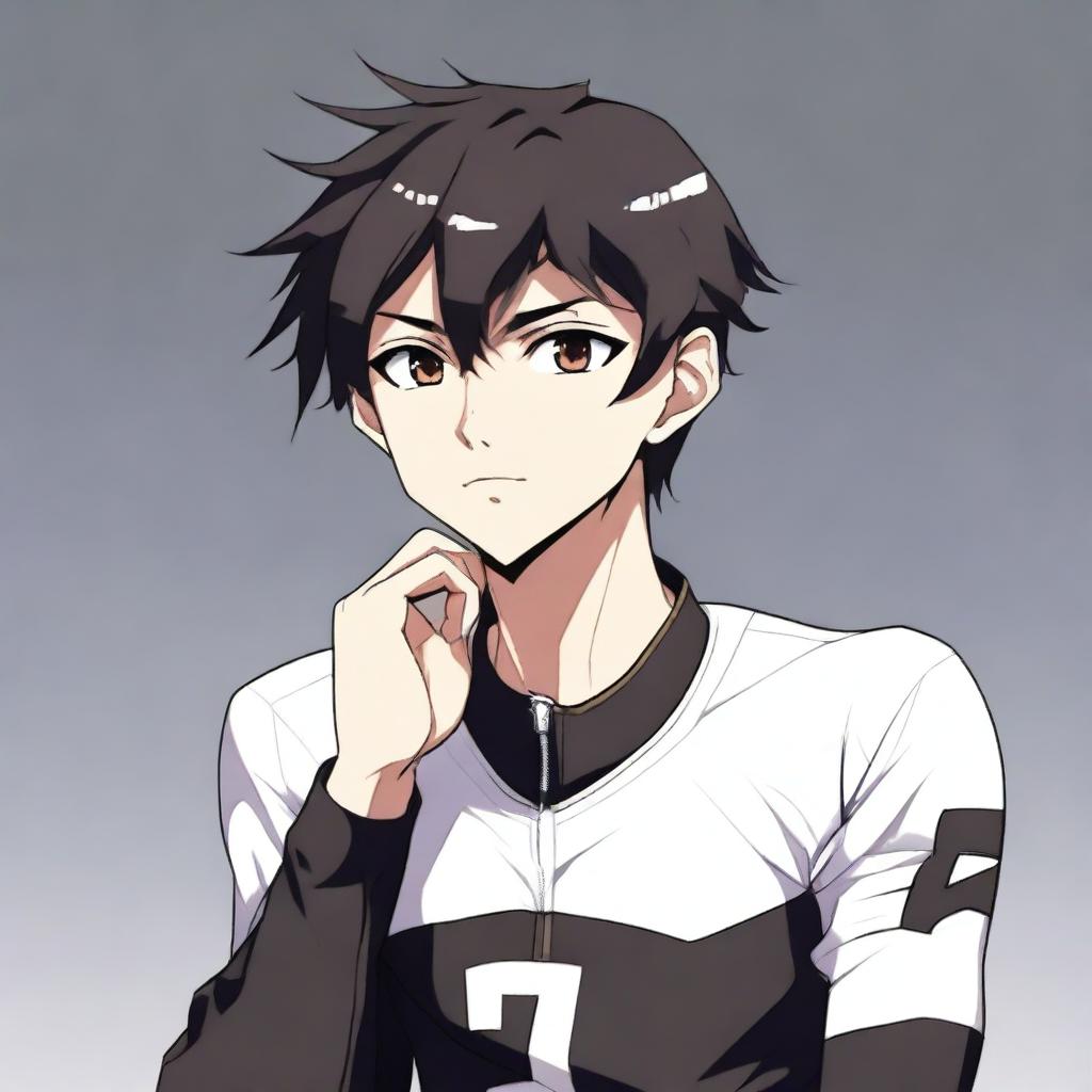 Anime style male character with short black hair and brown eyes, sporting a black cycling jersey.