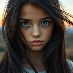 A captivating portrait of a girl with long, flowing black hair that elegantly frames her face, highlighting her striking gray eyes that gleam with curiosity