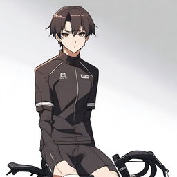 Anime style male character with short black hair and brown eyes, sporting a black cycling jersey.