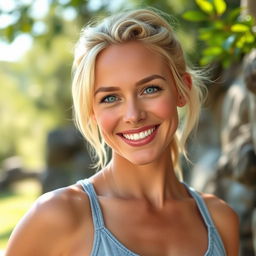 A 35-year-old woman with light blonde hair styled in a relaxed manner, minimal makeup enhancing her natural beauty, athletic physique showcasing her fitness, bright blue eyes that sparkle with warmth, and a sunny smile that radiates positivity