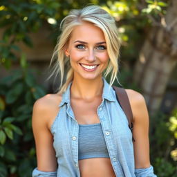A 35-year-old woman with light blonde hair styled in a relaxed manner, minimal makeup enhancing her natural beauty, athletic physique showcasing her fitness, bright blue eyes that sparkle with warmth, and a sunny smile that radiates positivity